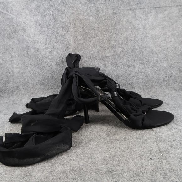 Anne Michelle Shoes Womens 7.5 Sandal Pumps Stiletto Heel Ribbon Wrap Tie Black - Picture 1 of 14